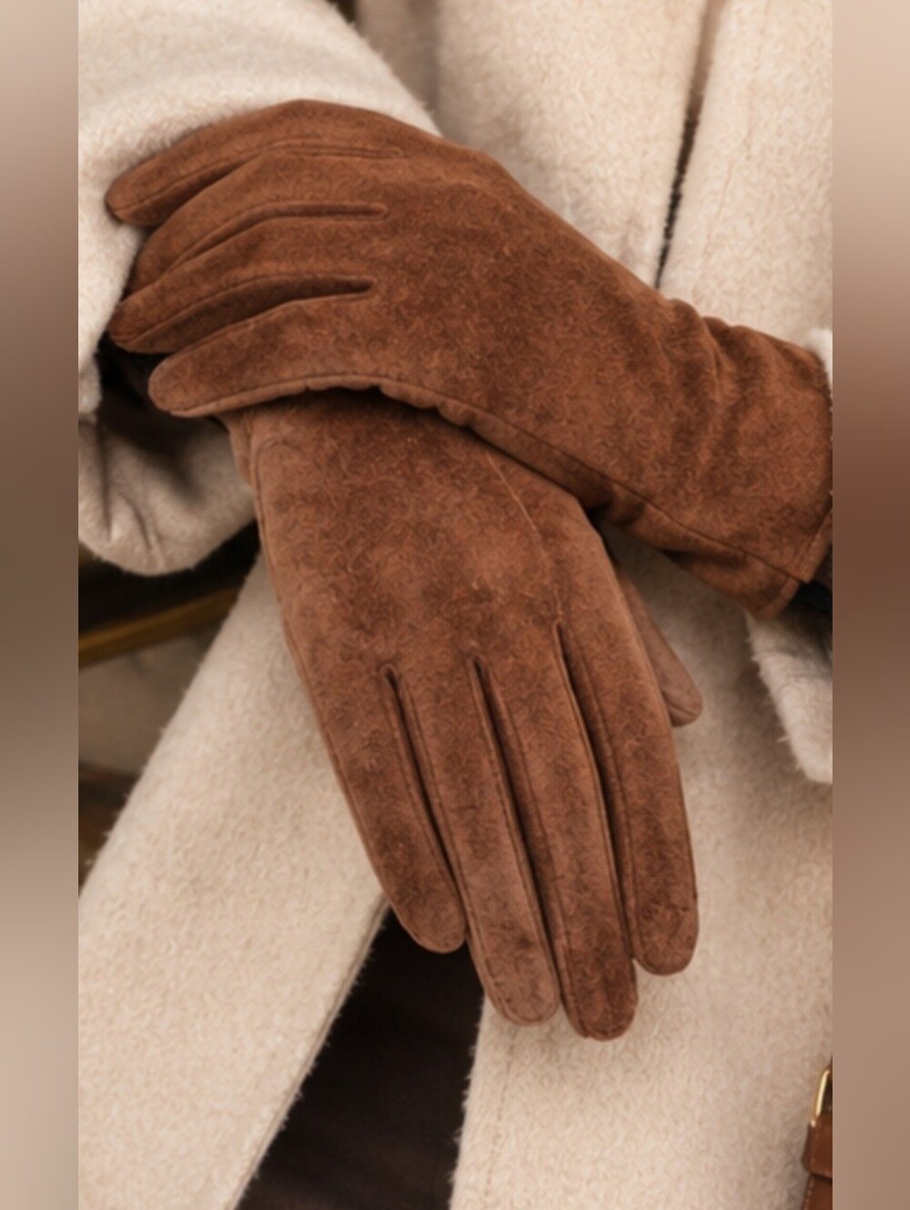 Classic Brown Genuine Suede Women's Gloves Cognac Medium